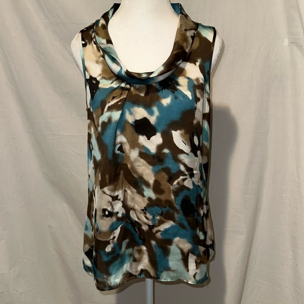 new directions browns & blue abstract silky sleeveless blouse size medium